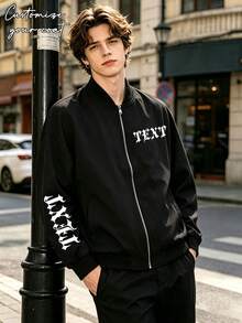 Jaket Pria Lengan Panjang Kerah Tegak untuk Pemakaian Sehari-hari dengan Huruf Personalisasi, Jaket Kasual Kustom Pribadi - Hitam - View 2
