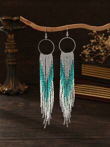 SOUL BEADING زوج واحد من أقراط النساء الموضة المزينة بالخرز، بأسلوب بوهيمي، بنمط تدرج أسود أحمر أزرق، حلقة معدنية مع شرابة طويلة متدلية، مناسبة لجميع الفصول، متعددة الاستخدامات للارتداء اليومي والهدايا - أقراط دائرية بشرابات - مشاهدة 2