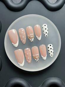 10 Peças de Unhas Postiças Feitas à Mão, Unhas Falsas em Formato de Amêndoa Rosa, Manicure Francesa com Cauda de Peixe Branca, Bolinhas Pretas e Brancas, Decorações com Pérolas 3D e Anéis Dourados, Unhas de Verão, Y2K, Arte de Unhas Reutilizável Brilhante, Adequado para Uso Diário/Feriados. - Rosa Bebê - Visão 1
