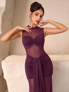 Wine Red Mesh Sheer Twist Knot Dress, High Neck Sleeveless Pleated Fishtail Dress, Sexy Slimming Evening Gown, Elegant Lady Party Dress, Retro Wine Red Sheer Dress, Sexy Club Diva Long Dress Wedding - Burgundy - View 3