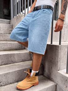 Quần short denim nam dáng rộng, màu xanh nhạt giặt wash, độ dài vừa, phong cách đường phố thường ngày - Rửa nhẹ - Xem 1