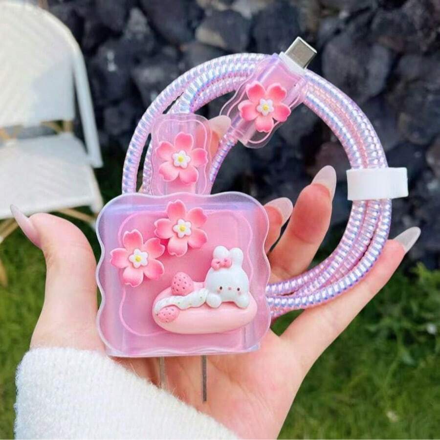 花朵卡通充電頭保護套，數據線防斷裂，適用於 iPhone 12/13/14/15/16 與 20W 快充充電器，數據線固定器，防斷線，TPU 充電頭保護套