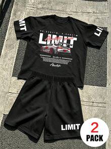 2pcs/Set Teen Boys Casual Outfit, Racing Theme Print Loose Top + Sports Shorts, Comfortable And Soft, Suitable For Summer And Sports - Black - View 3