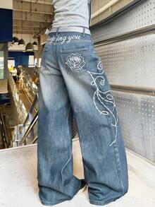 1pc American Street Style Women's Embroidered Loose Wide Leg Jeans Long Pants All Season Fashion Casual - Blue - View 2