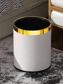 Luxury Large Capacity Trash Can, Dual Inner Bucket Design, Bathroom Trash Can, Trash Can, Modern Plastic Trash Can, Suitable For Kitchen, Bedroom, Living Room, Bathroom. Round Trash Can, Outer Layer Is PU Leather Material, Inner Layer Is Metal Material, Available In 10L And 14L Capacities, Perfect For Home, Office And Bathroom. - Multicolor - View 1