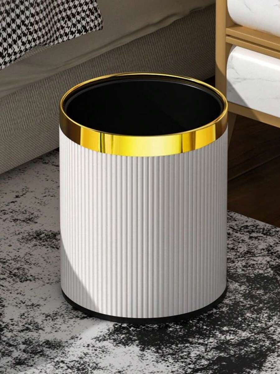 Luxury Large Capacity Trash Can, Dual Inner Bucket Design, Bathroom Trash Can, Trash Can, Modern Plastic Trash Can, Suitable For Kitchen, Bedroom, Living Room, Bathroom. Round Trash Can, Outer Layer Is PU Leather Material, Inner Layer Is Metal Material, Available In 10L And 14L Capacities, Perfect For Home, Office And Bathroom. - Multicolor - View 1
