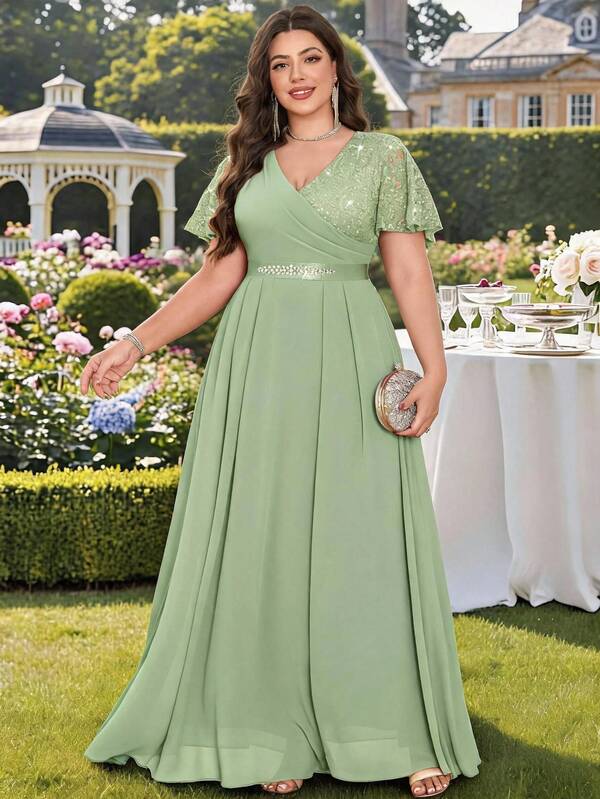 Vestido de gasa con parches de encaje floral, manga de mariposa, cuello en V, cinturón de diamantes, adecuado para invitados de boda, verano, cumpleaños, graduación, regreso a la escuela y otras ocasiones elegantes