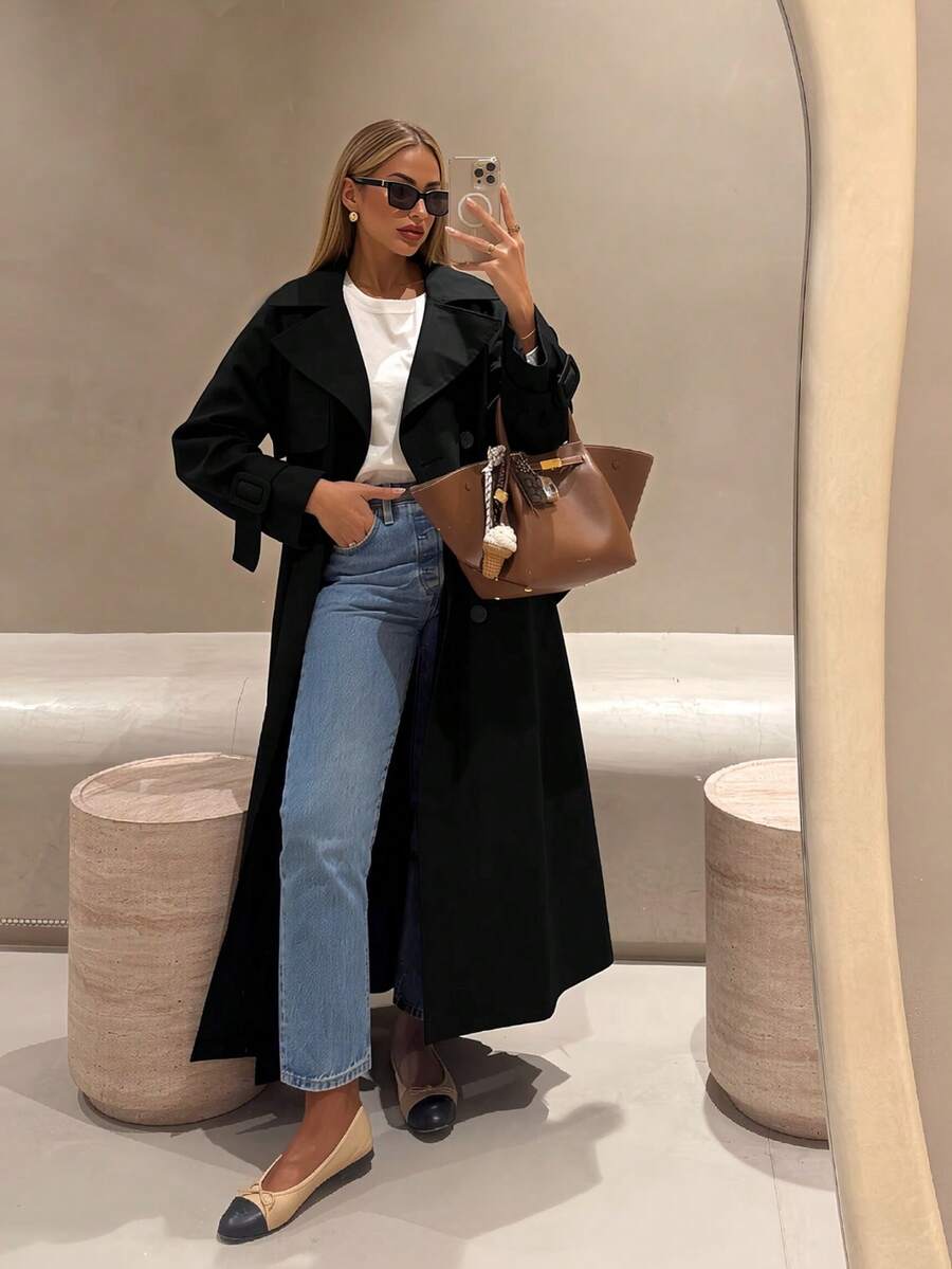 Risissida Women's Minimalist Long Trench Coat, Suitable For Spring And Autumn, With Belt And Pockets, Suitable For Any Occasion - Black - View 1
