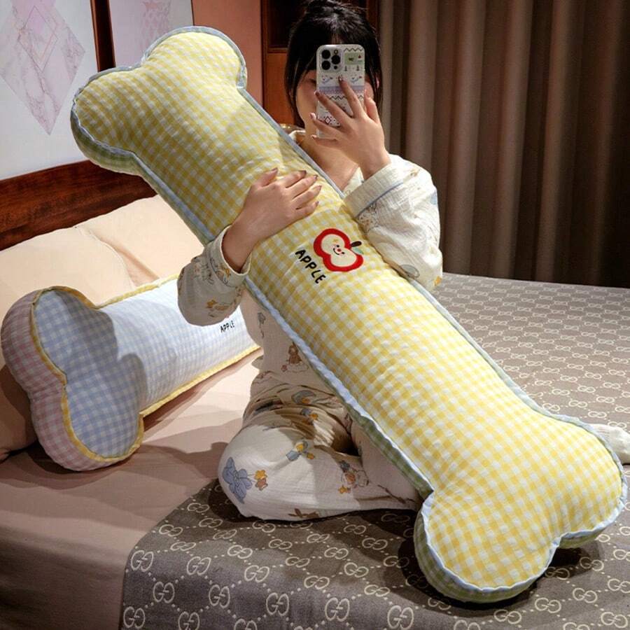 透氣格子布骨頭造型抱枕,全高彈性內填充,甜美蘋果圖案刺繡,多款清新配色可選,舒適側睡身體支撐枕,美學房間裝飾禮物 - 彩色 - 查看 1