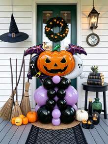 Conjunto de 31 Peças Coluna de Balões de Abóbora de Elfo de Halloween, Inclui Balões de Folha de Abóbora de Elfo de Halloween, Balões de Látex Pretos e Roxo Claro, Adequado para Festa de Halloween, Decoração de Cenário Externo, Festa Assustadora, Decoração de Cenário de Reunião de Amigos, Decoração de Fotografia - Multicolorido - Visão 1