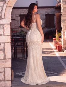 Faeriesty Đầm dạ hội đuôi cá đính hạt thanh lịch size lớn, họa tiết hoa sequin, thiết kế thắt lưng sau, phù hợp cho đám cưới, tiệc tối, tiệc cô dâu - Rượu sâm banh - Xem 2