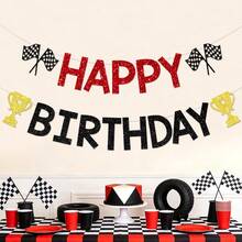 Black Red First Lap Around The Track Banner - Vintage Race Car Birthday Banner - Trophy Checkered Flag Sign, Bruh Birrthday Decor, Retro Pastel Race Car Let's Go Racing Birthday Party Decorations - Red and Black - View 1