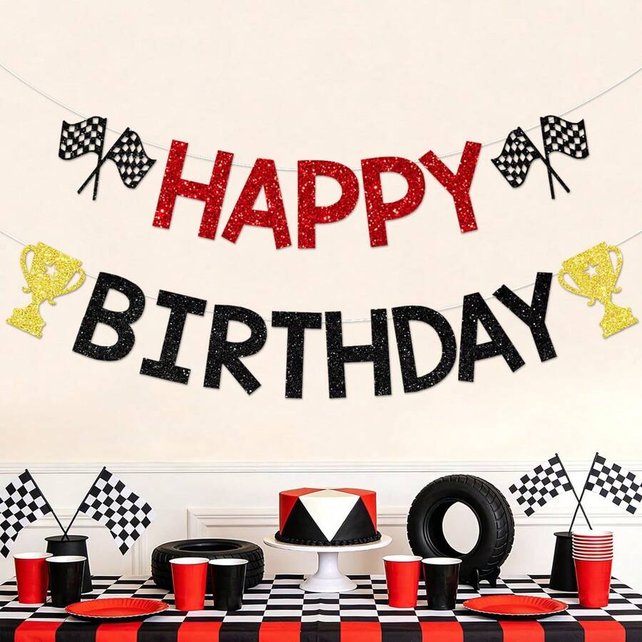 Black Red First Lap Around The Track Banner - Vintage Race Car Birthday Banner - Trophy Checkered Flag Sign, Bruh Birrthday Decor, Retro Pastel Race Car Let's Go Racing Birthday Party Decorations - Red and Black - View 1