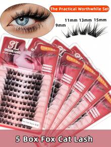 400pcs 5 Box Fox Cat Cluster Lashes Natural Look Fluffy Faux Mink False Eyelashes Sexy Lashes Extension Makeup Fox Cat Eye Lashes Left & Right Individual Lashes Wispy DIY Lash Extension For Home Party,Valentine's Day, Traveling,Festivals Makeup - D - 查看 1