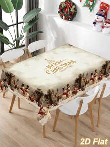 1Pc Christmas Rectangle Tablecloth With Scalloped Edge, Merry Christmas Table Cover With Snowman Reindeer Christmas Tree Pattern, Polyester Vintage Christmas Tablecloth, Merry Christmas Decoration, Xmas Decor, Christmas Table Decor, Holiday Home Decor - Christmas B - View 2