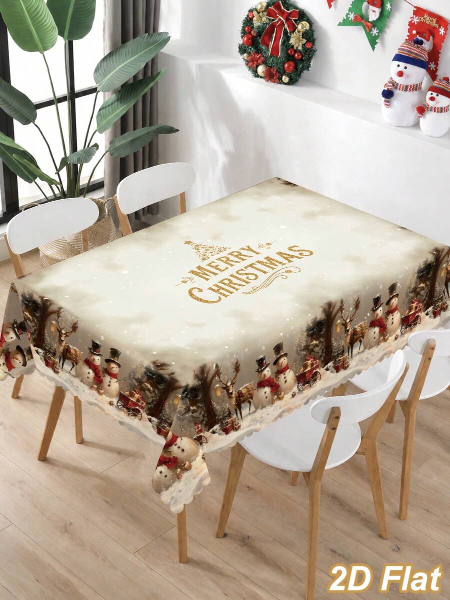 1Pc Christmas Rectangle Tablecloth With Scalloped Edge, Merry Christmas Table Cover With Snowman Reindeer Christmas Tree Pattern, Polyester Vintage Christmas Tablecloth, Merry Christmas Decoration, Xmas Decor, Christmas Table Decor, Holiday Home Decor