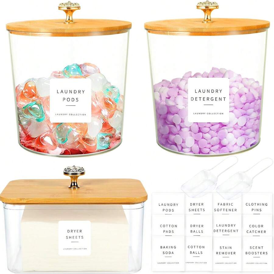 3 Clear Laundry Room Storage Jars, With Lids, Storage Box Set, Clear Storage Jars - A - View 1