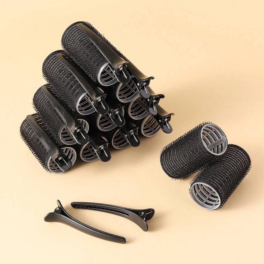 6件組自動抓髮捲髮器套組,沙龍風捲髮器套組,含3個捲髮器與3個夾子,適合短至中長髮,免加熱捲髮器套組附夾子 - 黑色 - 查看 1