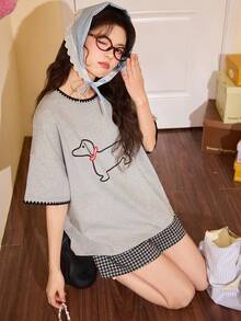 2pcs/Set Women's Summer New Cute Short Sleeve & Shorts Pajama Set, Loose Fit Breathable Skin-Friendly Home Wear, Cartoon Cute Sleepwear Set - Grey - View 4