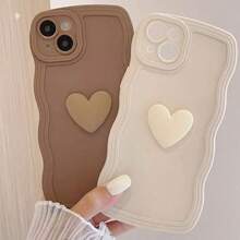 2 pièces Coque de téléphone marron & blanc motif cœur vague, mode, mignonne, personnalisée, élégante, compatible avec iPhone 12 13 14 15 16 17 Pro Max - Multicolore - Voir 1