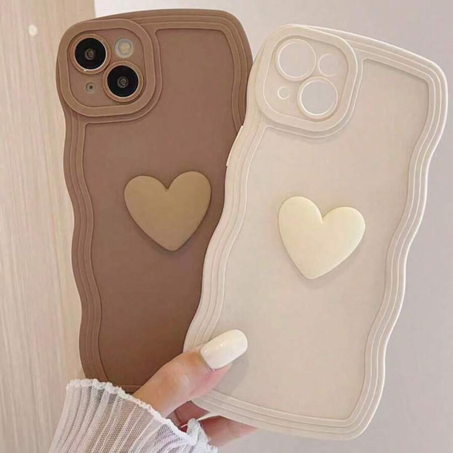 2 piĂšces Coque de tĂ©lĂ©phone marron & blanc motif cĆur vague, mode, mignonne, personnalisĂ©e, Ă©lĂ©gante, compatible avec iPhone 12 13 14 15 16 17 Pro Max - Multicolore - Voir 1