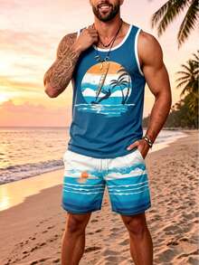 Men's Beach Vacation Tank Top & Shorts 2 Pieces Set, Sailing & Coconut Tree Print, Sleeveless - Multicolor - View 4