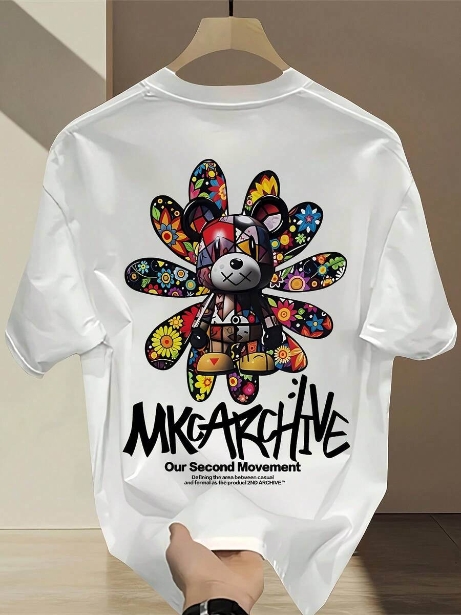 Fashion Graphic T-Shirt With Brand Print, Short Sleeve, For Men, Korean And Japanese Style, Versatile For Summer - 白色 - 查看 1