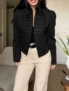 Women's Elegant Vintage Long Sleeve Stand Collar Open Front Jacket With Shoulder Pads, Solid Color, For Daily Wear And Dates - Black - View 9