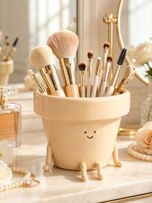 Cute Style Makeup Brush Storage Box, Single Cream Color Smiling Flower Pot Shaped Cosmetic Storage Cup, Decorative Makeup Brush/Lip Liner/Eyebrow Pencil And Beauty Accessories Storage Rack, Cute Vanity Decor - Multicolor - View 6
