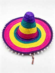 1pc Mexican Straw Hat, Woven Straw Hat, Fluffy Ball Straw Hat, Party Straw Hat, Performance Prop Straw Hat, Colorful Straw Hat, [Random Color] Party Straw Hat Performance Prop Colorful Hat - View 13