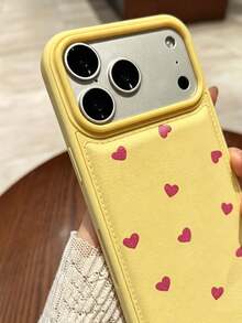 Full Screen Small Heart Leather Luxury Yellow Shockproof Fashion Phone Case, Compatible With IPhone 17 Pro Max, 16 Pro Max, 17 Pro, 16, 17, 16promax, 15, 14, 13 Pro Max, 17 Air, Litchi Texture Faux Leather Anti-Drop Case, Cute Back Cover, Spring Gift, Party Birthday Gift - Yellow - View 2