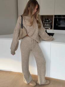 Women's Ribbed Knit Sweater Set In Khaki, Includes Drawstring Pants, Medium Stretch, Warm Casual Loungewear For Autumn/Winter - Khaki - View 1