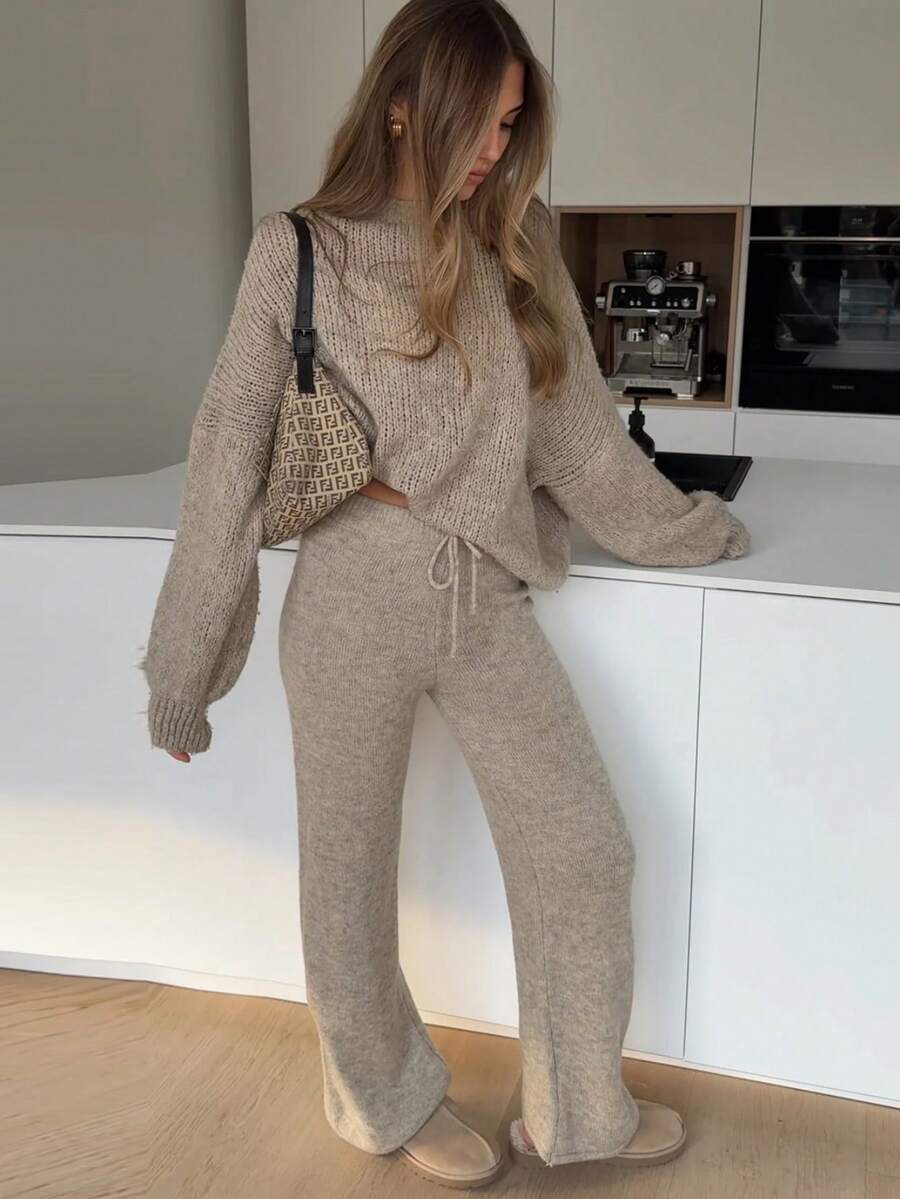 Women's Ribbed Knit Sweater Set In Khaki, Includes Drawstring Pants, Medium Stretch, Warm Casual Loungewear For Autumn/Winter - Khaki - View 1