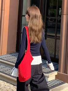 French Style Square Shoulder 2 In 1 Blouse Women High-End Long Sleeve Slimming Top - Navy Blue - View 5