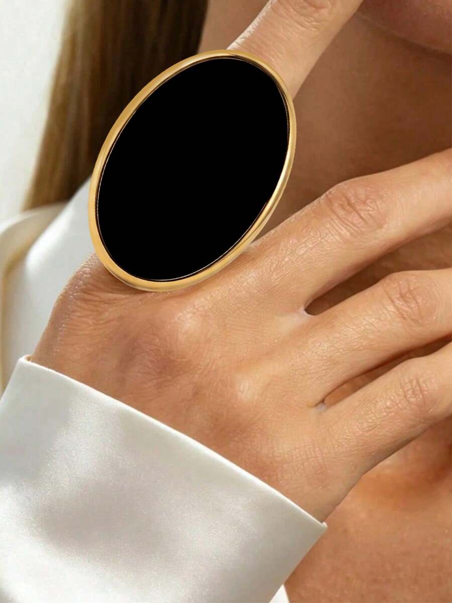 1pc Vintage Style Exaggerated Metal Inlaid Geometric Oval Ring, Suitable For Women's Daily Wear, Birthday Gift And Holiday Gift - Oval Ring - View 1