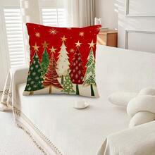 2PCS Red Christmas Tree With Gold Star And Snowflake Square Pillowcase, Winter Holiday Country Christmas Home Decor Cushion Cover, Single-Sided, Pillow Not Included - Red - View 4