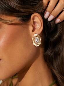 1 par de pendientes de botón de cristal ovalado asimétrico de lujo vintage con diamantes, accesorio de joyería de moda exquisito, adecuado para el uso diario y de fiesta de las mujeres - Amarillo Oro - Ver 7