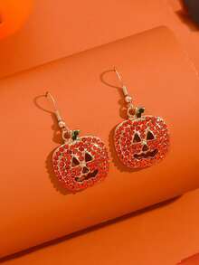 2pcs Halloween Earrings Rhinestone Pumpkin Head Alloy Earrings Jewelry Suitable For Women Daily, Holiday Party Gathering Wear - Yellow Gold - View 6