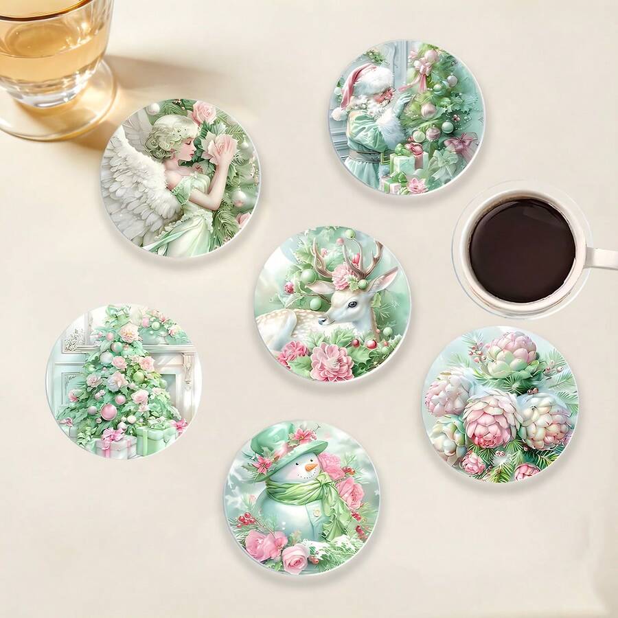 6pcs Fresh Green Christmas Theme Acrylic Coaster Set - Heat Resistant, Desktop Protection, Suitable For Home, Office And Themed Parties - Acrylic Coaster - View 1