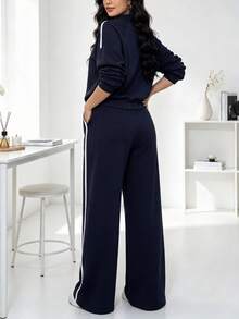 Autumn Korean Street Style Lazy Set, Dropped Shoulder Round Neck Basic Long Sleeve Sweatshirt + High Waist 3D Segmented Wide Leg Floor-Length Pants, Multi-Scenario Commute, Travel, Casual 2 Pieces Set - Navy - View 7