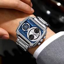 Men's Luxurious Multi-Functional Electronic Watch Luminous Waterproof Calendar Square Stainless Steel Quartz Watch For Business Birthday Festival Gift - Multicolor - View 8