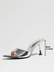 Women's Mirror Stone Texture Silver High Heel Slide Sandals, Pointed Toe Single Strap Kitten Heel Mule Shoes, Spring Summer Versatile Commute & Casual Wear - Silver - View 4
