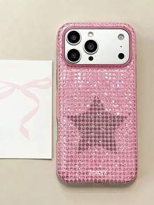 Y2K Cute Glitter Pink Polka Dot & Star Pattern Phone Case, Compatible With IPhone 17 Pro Max 17 Pro 17 16 Pro Max 16 Pro 16 15 Pro Max 15 Pro 14 Pro Max 14 Pro 13 12 11, Luxury Rhinestone Textured Soft Back Cover - Pink - View 3