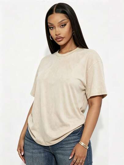 Oversized Cropped Solid Color Washed Cotton Women T-Shirt, Y2K Square Neck Short Sleeve Tee, Casual Daily Summer Vacation Loose Fit Basic Top