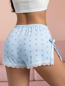 CELILIN Cute Star Print Women Slip Shorts With Side Ribbon Bow, Stretchy Ribbed Lace Hem Lounge Shorts For Daily Wear - Baby Blue - View 2