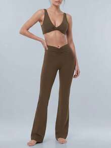 NcmRyu Women's One Set Solid Color Twist Front Deep V-Neck Backless Bra & V-Shape Ruched High Waist Flare Pants Set - Coffee Brown - View 8