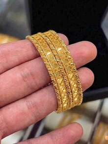 5Pcs 21K Gold Stackable Bangle Set Non-Fading Geometric Arabian Jewelry, Luxury Gold Substitute, Perfect For Daily Wear, Party & Gift - 01 - View 4