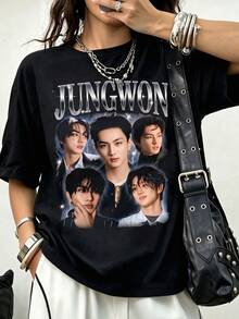 JUNGWON  Star Vintage Bootleg Fan Art Cotton T-Shirt,GIFT For Her/Him - 黑色 - 查看 1