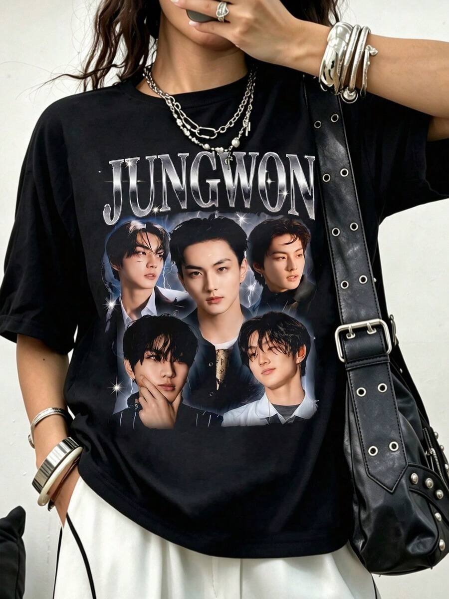 JUNGWON Star Vintage Bootleg Fan Art Cotton T-Shirt,GIFT For Her/Him - 黑色 - 查看 1
