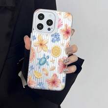 1pc Summer Vacation INS Style Transparent Bottom Gray & White Vertical Stripe Watercolor Hibiscus Orange Slice Blue Turtle Starfish Shell Phone Case Fresh Tropical Beach Girl Aesthetic Full Coverage Anti-Drop Soft Shell Compatible With IPhone17/17Pro/17ProMax/16/16Plus/16ProMax/16e/15ProMax/11/12/12Pro/12ProMax/13/13Pro/13ProMax/14/14Pro/14ProMax - White Frames, Matte White - View 2